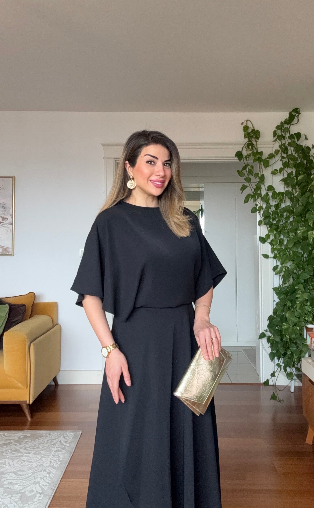 ASİMETRİK KESİM MAKSİ ELBİSE - SİYAH