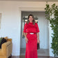 SATEN DRAPE YAKA KEMER DETAYLI MİDİ ELBİSE - KIRMIZI