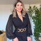 GOLD ZİNCİR KEMERLİ KRUVAZE ELBİSE - SİYAH