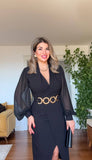 GOLD ZİNCİR KEMERLİ KRUVAZE ELBİSE - SİYAH