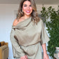 SATEN ASİMETRİK YAKA DRAPE ELBİSE – ŞAMPANYA BEJ