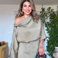 SATEN ASİMETRİK YAKA DRAPE ELBİSE – ŞAMPANYA BEJ