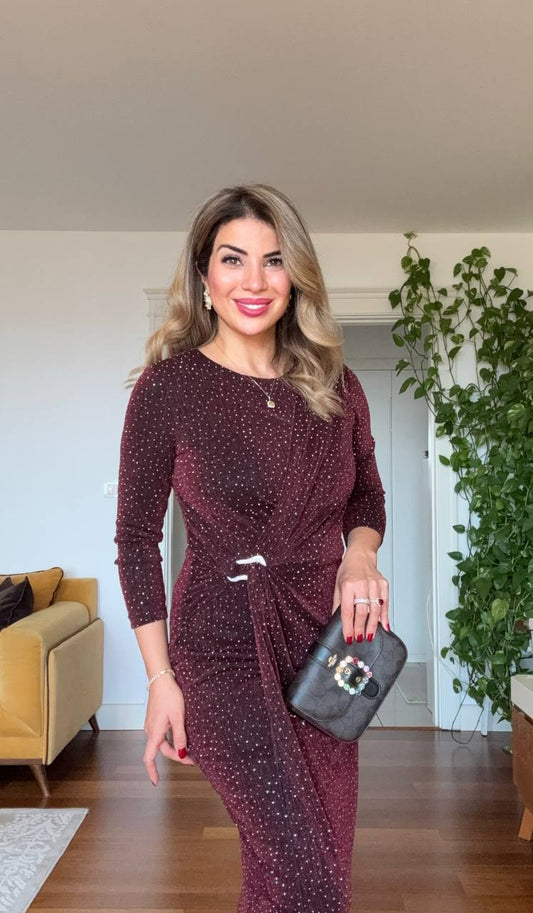 SİMLİ BEL BAĞLAMALI ŞIK MİDİ ELBİSE – MÜRDÜM
