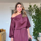 SATEN ASİMETRİK YAKA DRAPE ELBİSE – MÜRDÜM