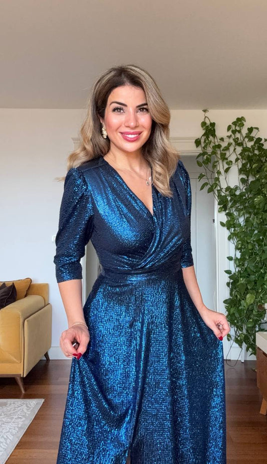 SİMLİ KRUVAZE PARLAK MİDİ ABİYE ELBİSE – MAVİ