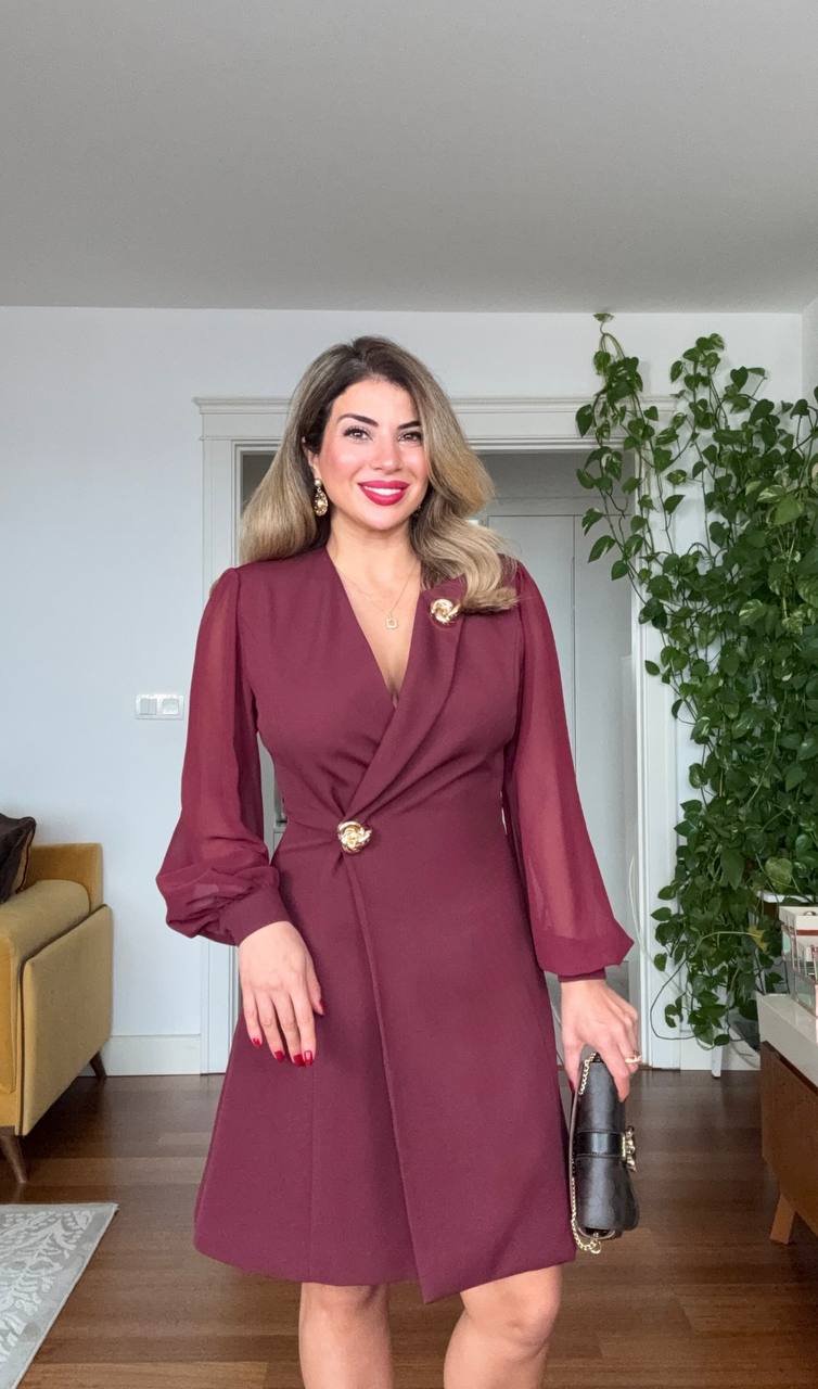 KRUVAZE YAKA CEKET ELBİSE - BORDO