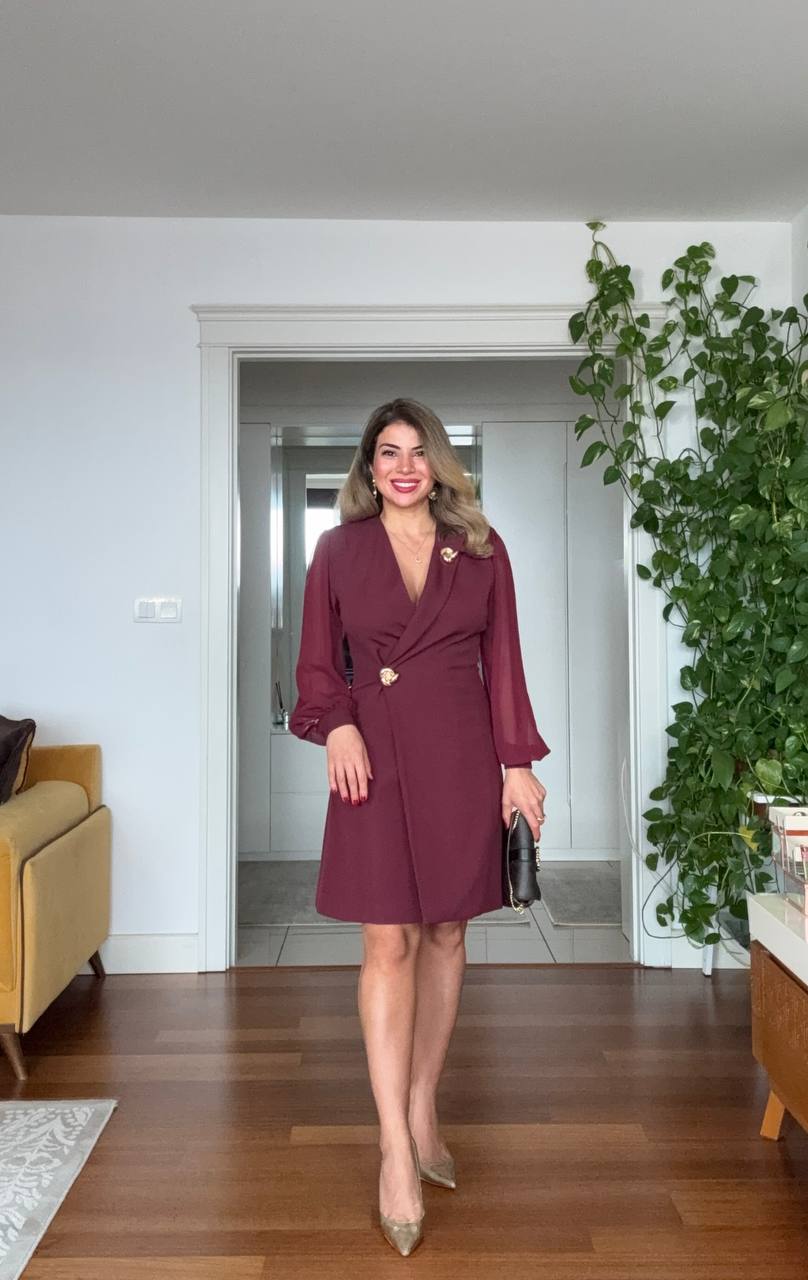 KRUVAZE YAKA CEKET ELBİSE - BORDO