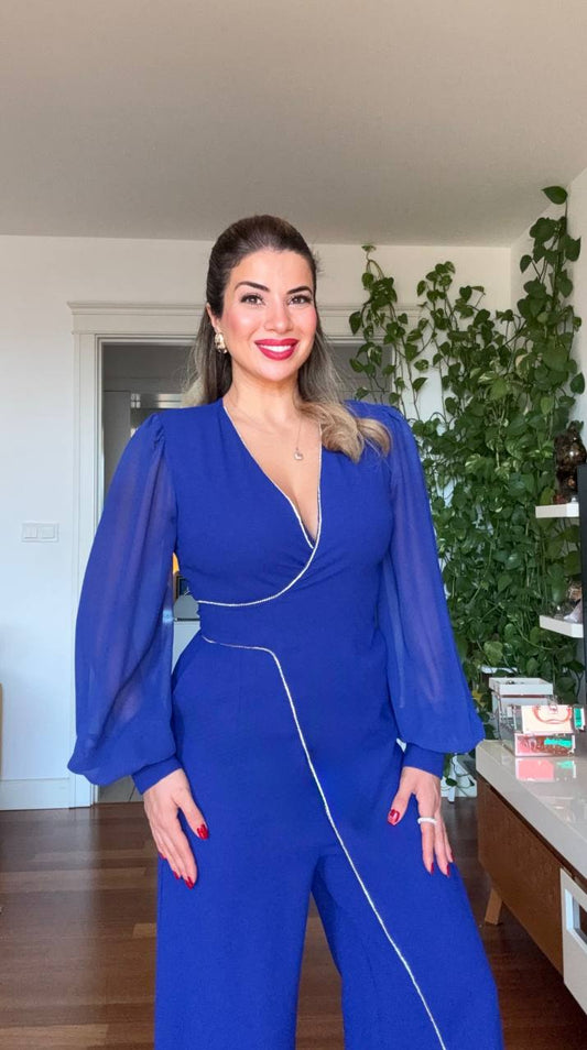 TAŞ DETAYLI ŞİFON KOL TULUM - MAVİ