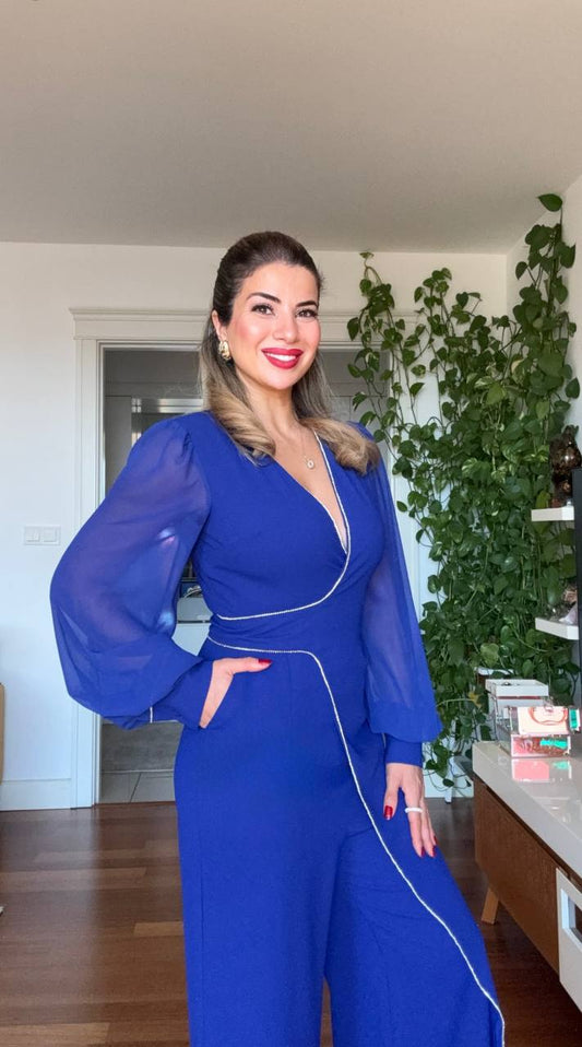 TAŞ DETAYLI ŞİFON KOL TULUM - MAVİ