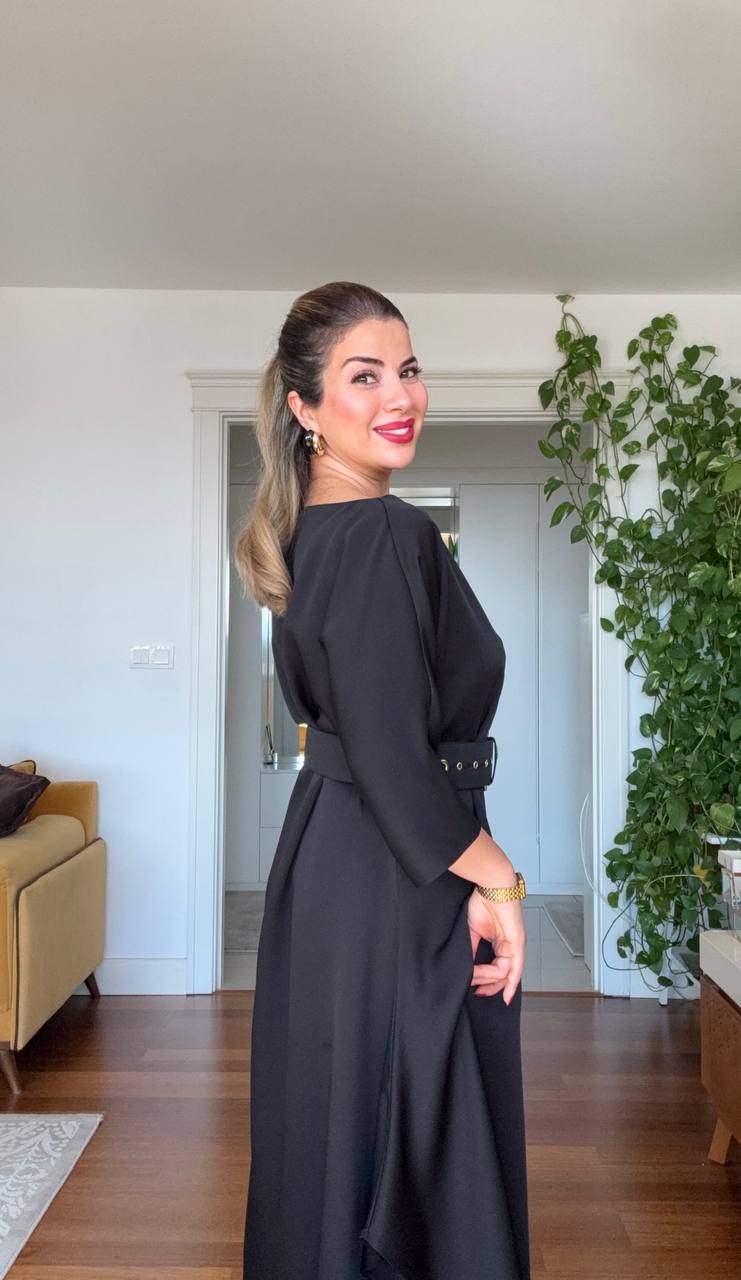 OVERSIZE KEMERLİ MİDİ ELBİSE - SİYAH