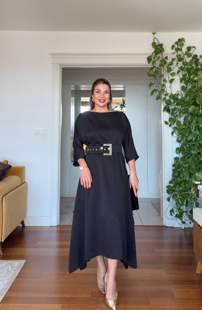 OVERSIZE KEMERLİ MİDİ ELBİSE - SİYAH