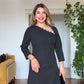 ASİMETRİK YAKA TAŞ DETAYLI ELBİSE - SİYAH