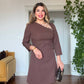 ASİMETRİK YAKA TAŞ DETAYLI ELBİSE - KAHVERENGİ