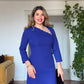 ASİMETRİK YAKA TAŞ DETAYLI ELBİSE - MAVİ