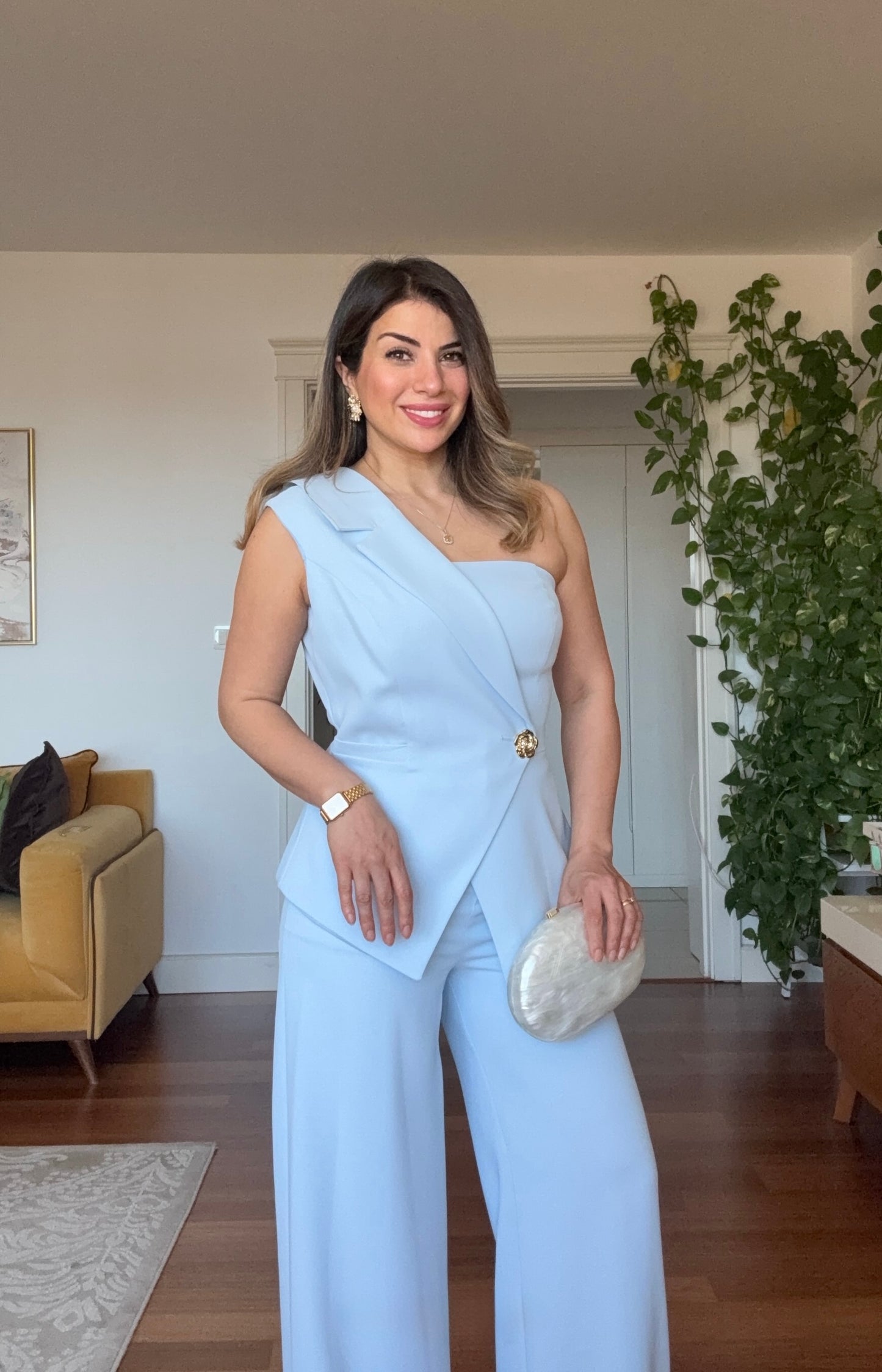 TEK OMUZ ASİMETRİK CEKET YAKALI TAKIM - BEBE MAVİ
