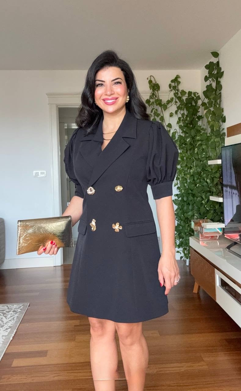 BALON KOL BROŞ DETAYLI BLAZER ELBİSE- SİYAH