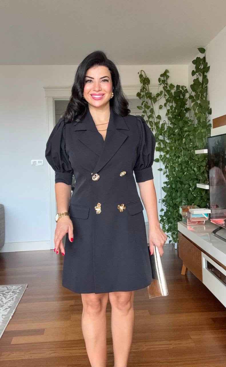BALON KOL BROŞ DETAYLI BLAZER ELBİSE- SİYAH