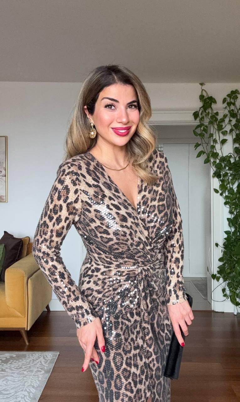 LEOPAR DESEN PAYETLİ KRUVAZE ELBİSE