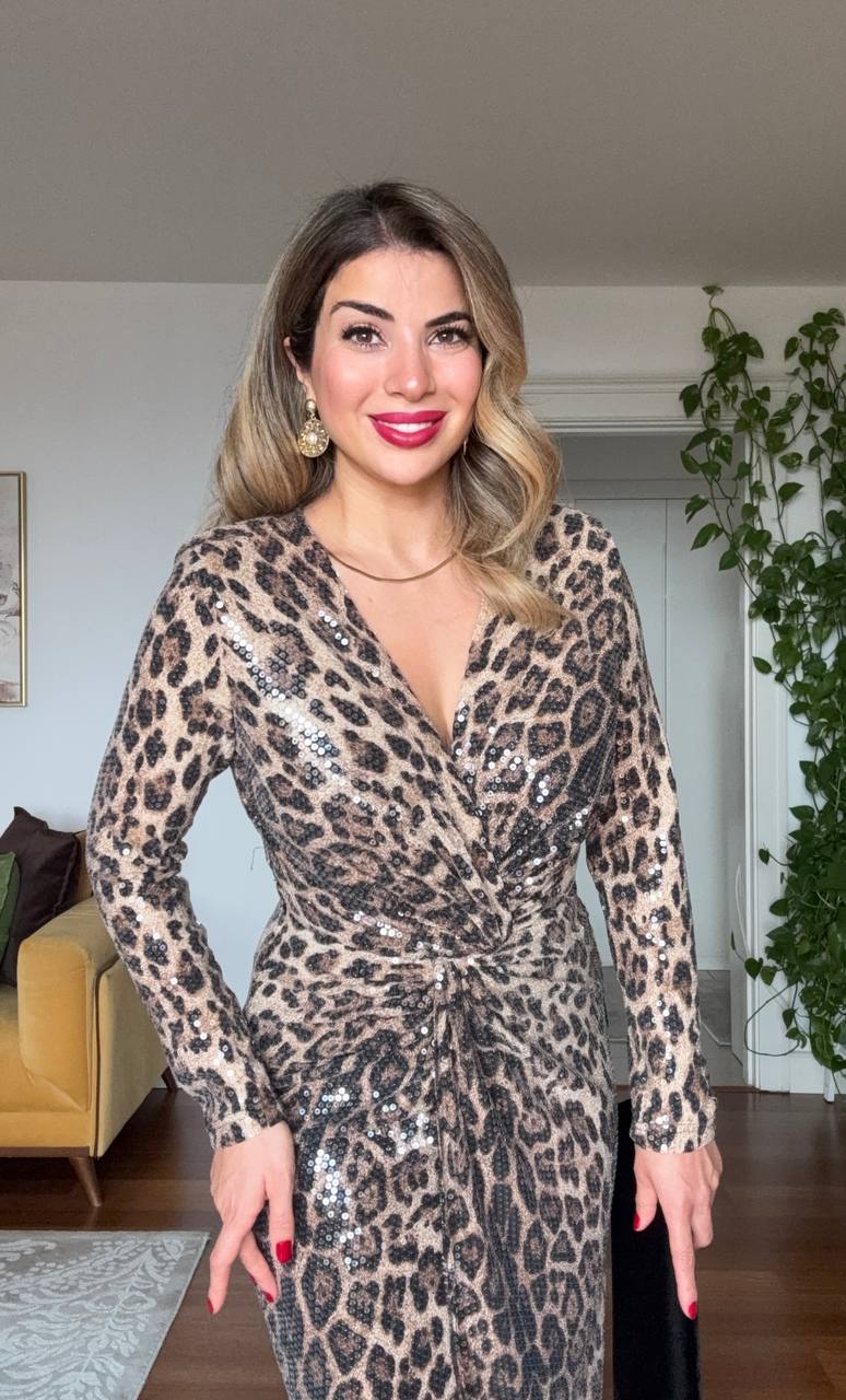 LEOPAR DESEN PAYETLİ KRUVAZE ELBİSE
