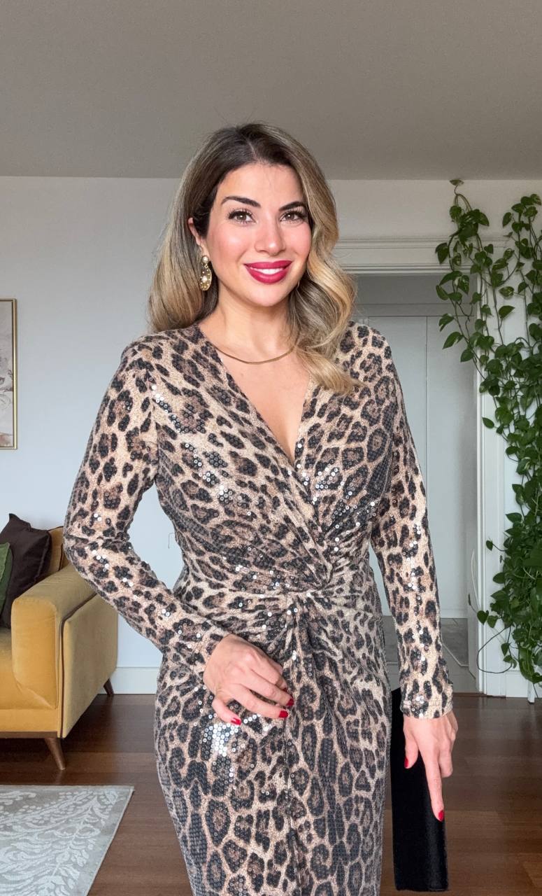 LEOPAR DESEN PAYETLİ KRUVAZE ELBİSE
