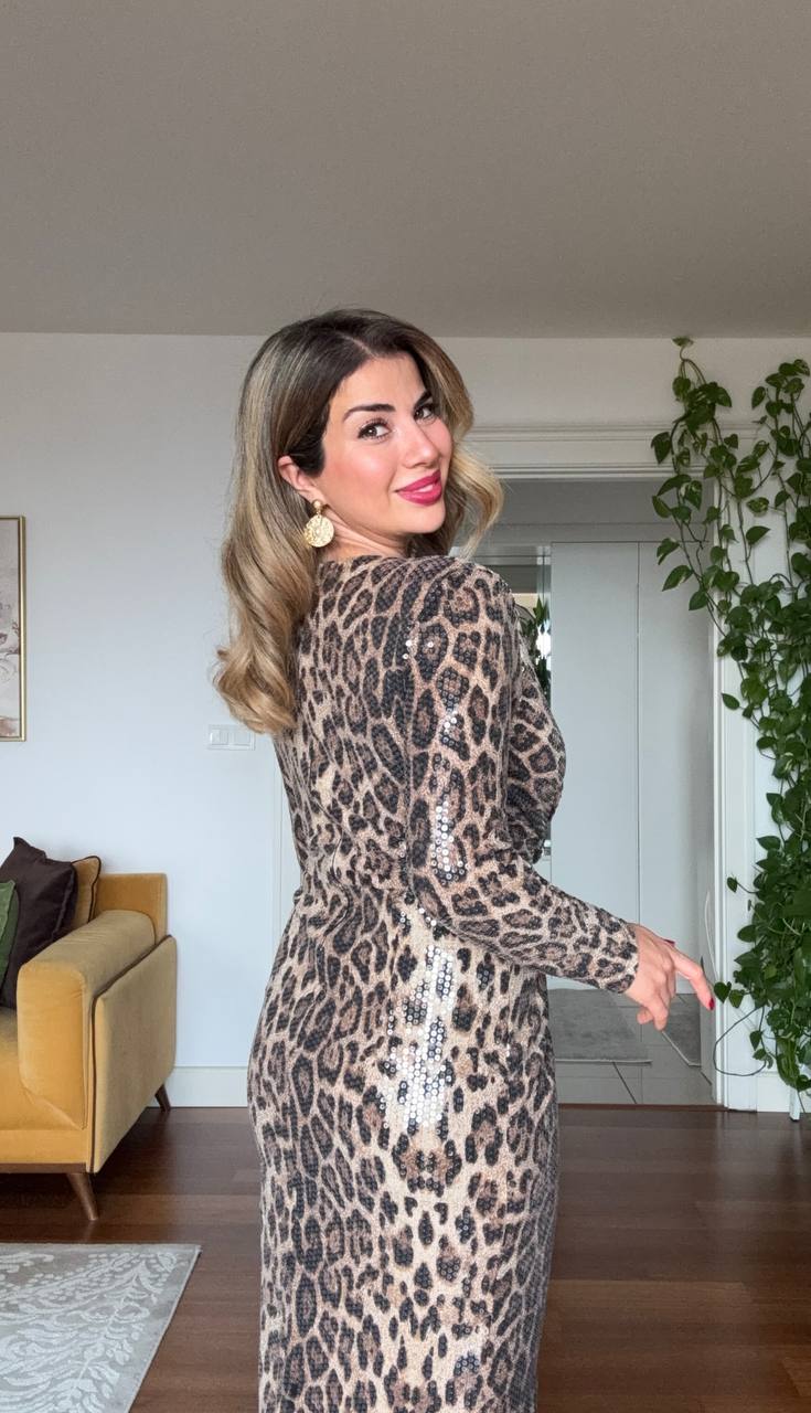 LEOPAR DESEN PAYETLİ KRUVAZE ELBİSE
