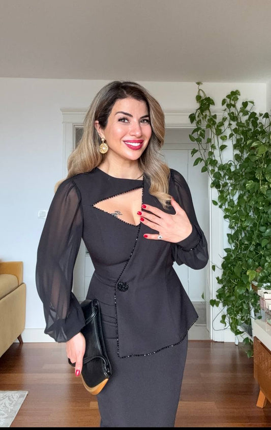 ASİMETRİK KESİM ŞİFON KOL ELBİSE - SİYAH