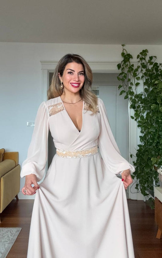 İŞLEME DETAYLI ŞİFON KOL MİDİ ELBİSE – BEJ
