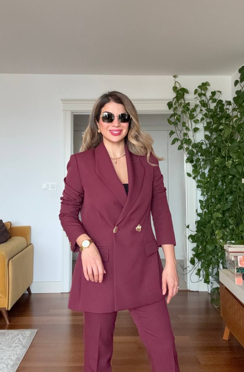 GOLD DÜĞME DETAYLI OVERSIZE TAKIM – BORDO