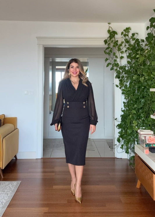 ŞİFON KOL DETAYLI GOLD DÜĞME MİDİ ELBİSE - SİYAH