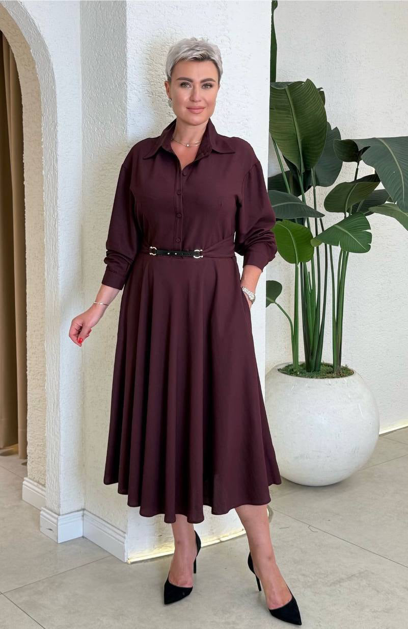 KEMER DETAYLI GÖMLEK YAKA DÖKÜMLÜ MİDİ ELBİSE – BORDO (Büyük Beden)