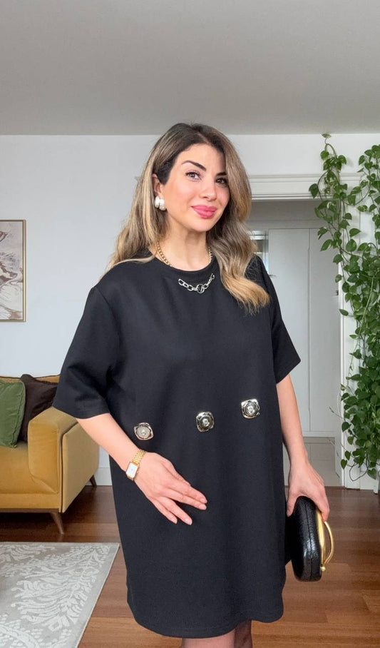 GOLD APLİK DETAYLI OVERSIZE MİNİ ELBİSE – SİYAH