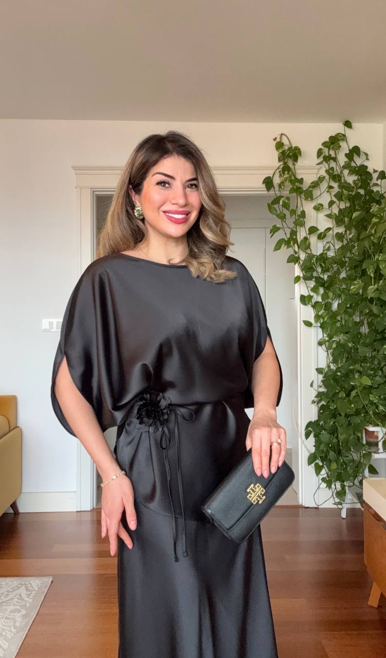 SATEN DOKULU BEL BAĞLAMALI YARASA KOL TAKIM – SİYAH