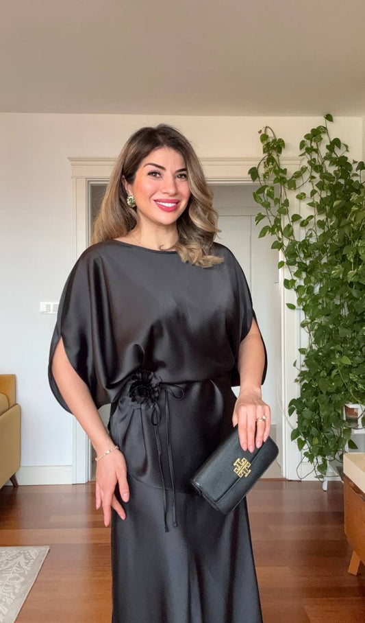 SATEN DOKULU BEL BAĞLAMALI YARASA KOL TAKIM – SİYAH