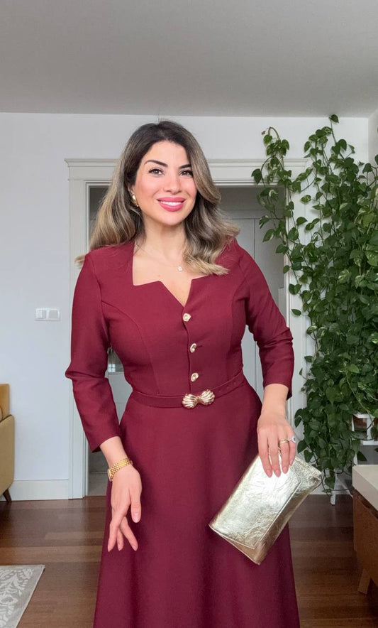 GOLD DÜĞME VE KEMER DETAYLI MİDİ ELBİSE – BORDO