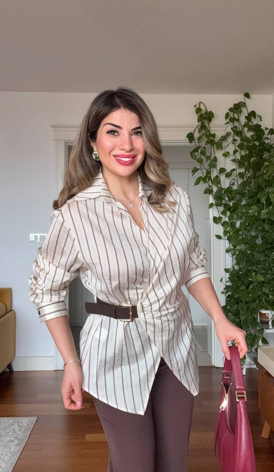 ÇİZGİ DESENLİ KEMERLİ GÖMLEK & BOL PAÇA PANTOLON TAKIMI – BEJ / KAHVE