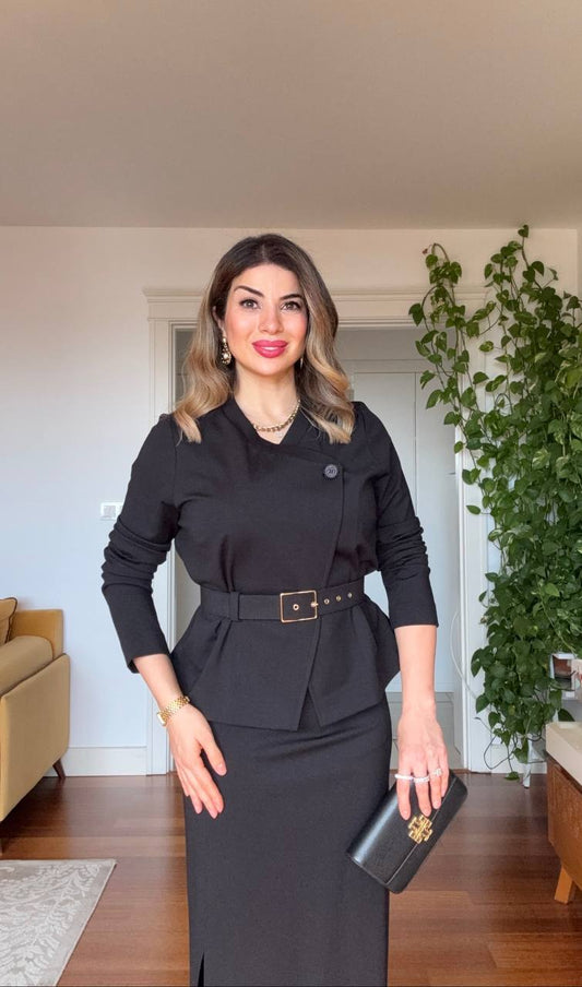 KEMER DETAYLI CEKET & ETEK TAKIM – SİYAH