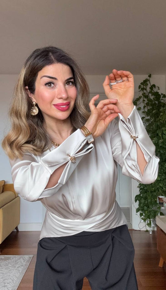 SATEN BLUZ & BOL PAÇA PANTOLON ŞIK TAKIM – BEJ & SİYAH