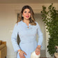 TAŞ DETAYLI YAKA KESİMLİ KEMERLİ UZUN ELBİSE – BEBE MAVİ