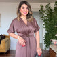 GOLD TOKA DETAYLI KISA KOL MİDİ ELBİSE - MOKA KAHVE