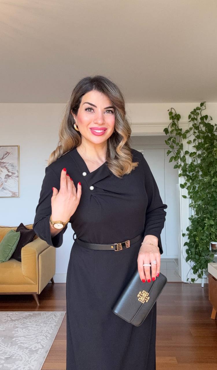 GOLD DÜĞME DETAYLI BEL KEMERLİ UZUN ELBİSE – SİYAH