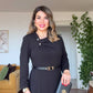 GOLD DÜĞME DETAYLI BEL KEMERLİ UZUN ELBİSE – SİYAH