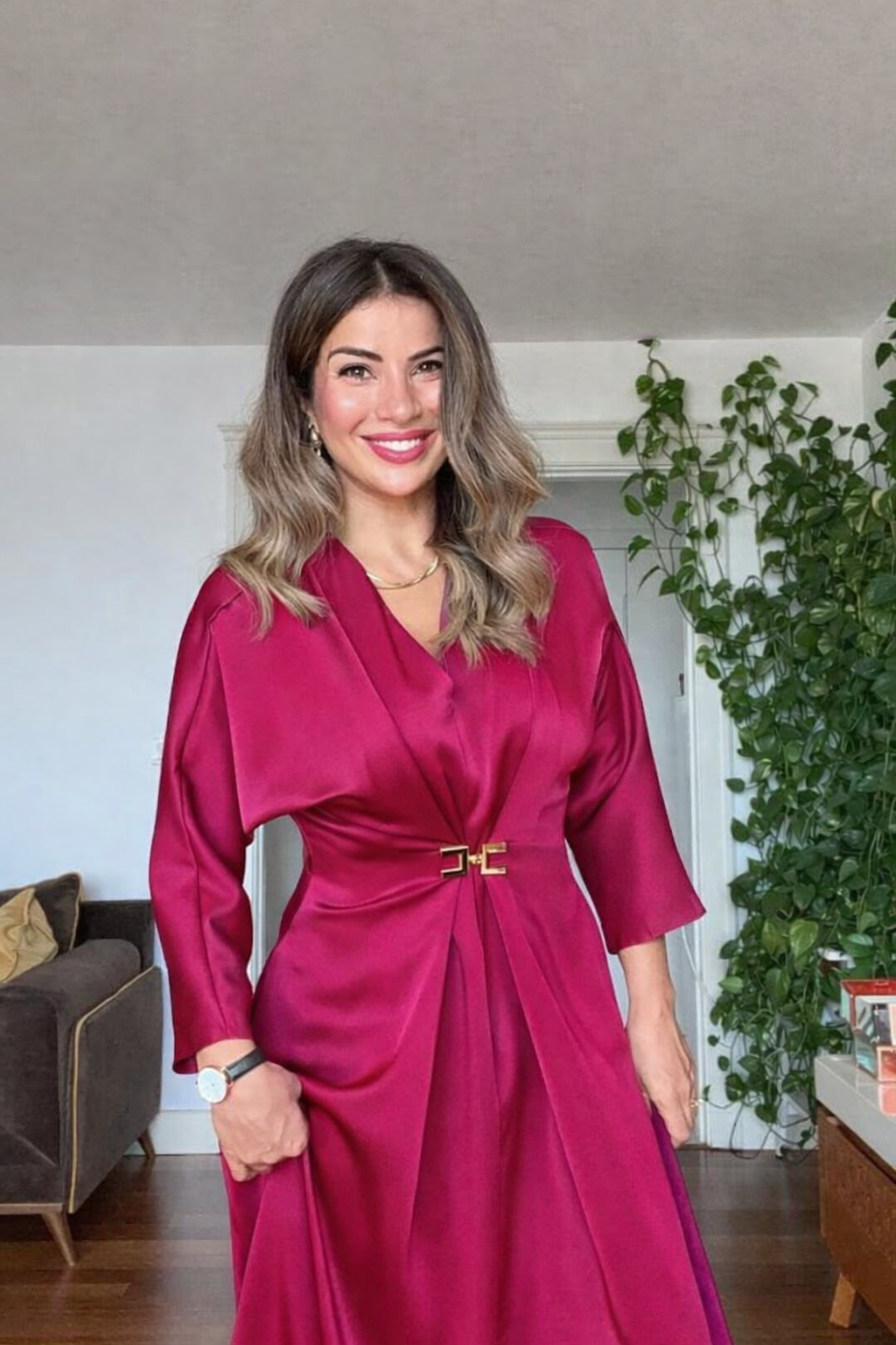 GOLD TOKA DETAYLI MİDİ ELBİSE - BORDO