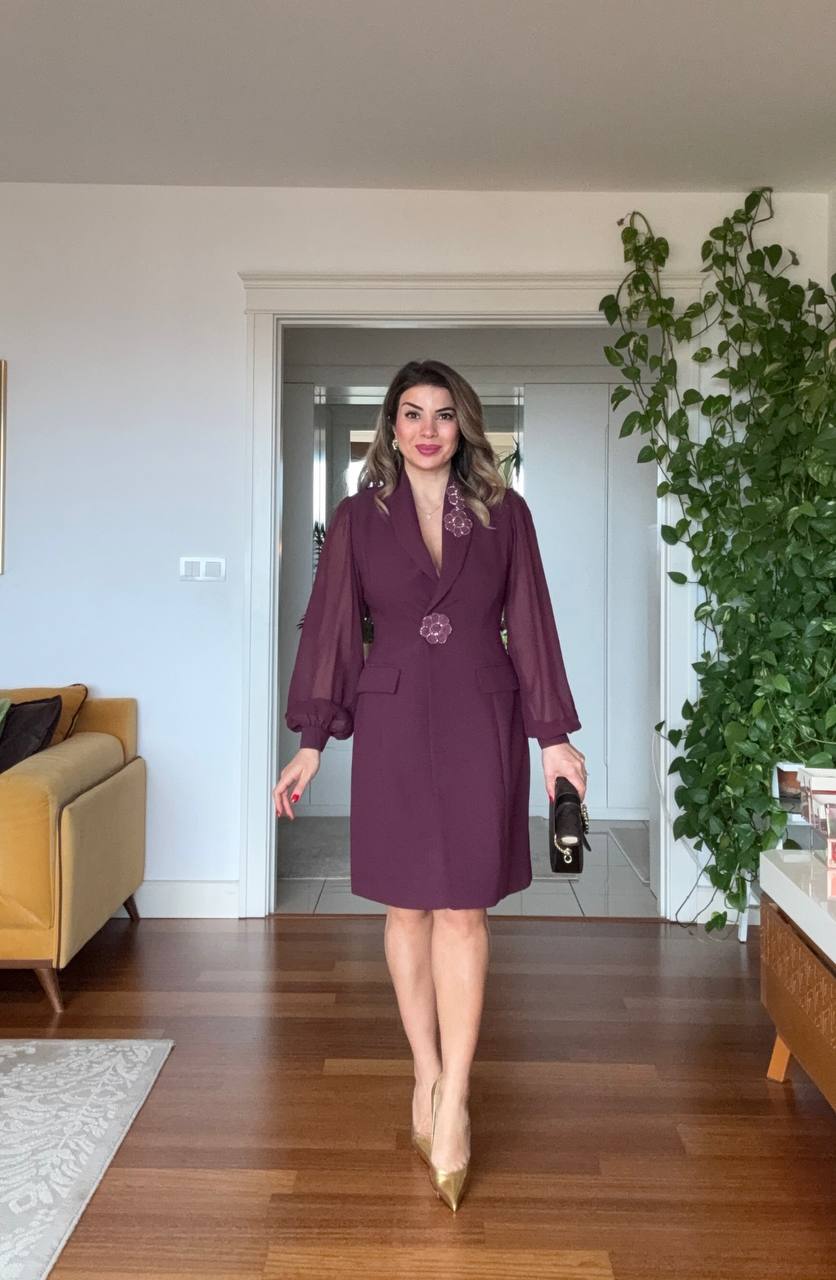 ÇİÇEK APLİKELİ ŞİFON KOL BLAZER ELBİSE – MÜRDÜM