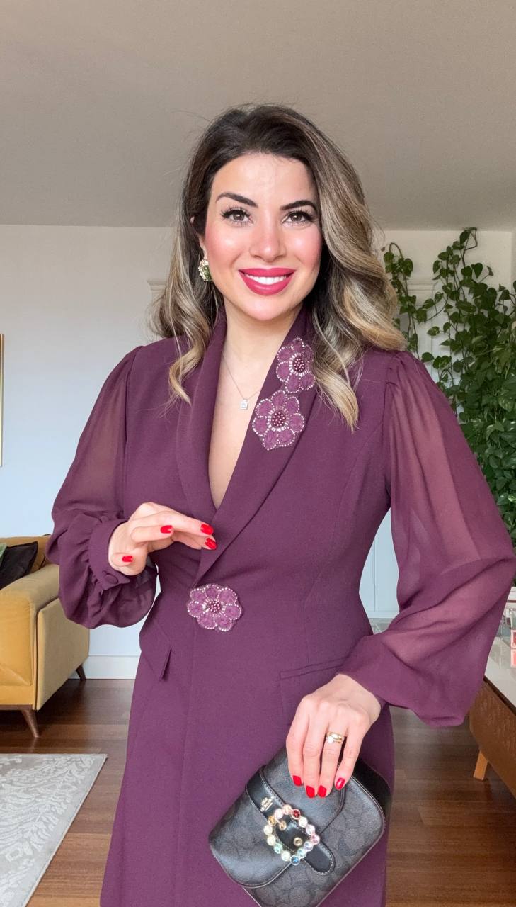 ÇİÇEK APLİKELİ ŞİFON KOL BLAZER ELBİSE – MÜRDÜM