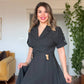 SAFARİ YAKA GOLD TOKA DETAYLI MİDİ ELBİSE - SİYAH