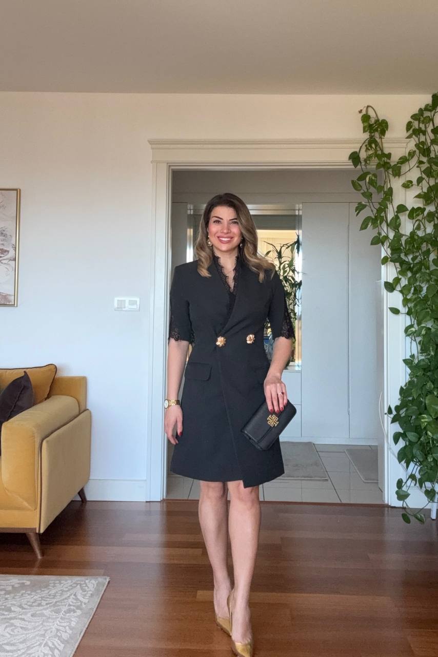 KRUVAZE YAKA DANTEL DETAYLI CEKET ELBİSE - SİYAH