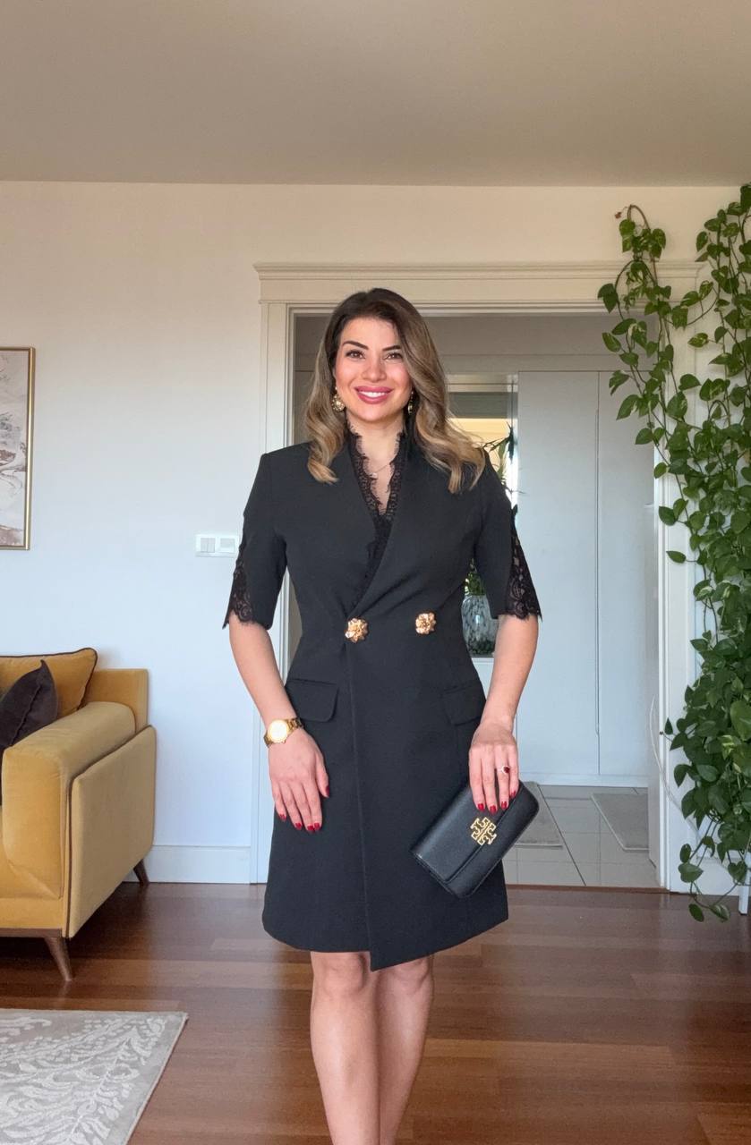 KRUVAZE YAKA DANTEL DETAYLI CEKET ELBİSE - SİYAH