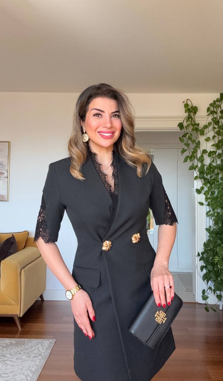 KRUVAZE YAKA DANTEL DETAYLI CEKET ELBİSE - SİYAH