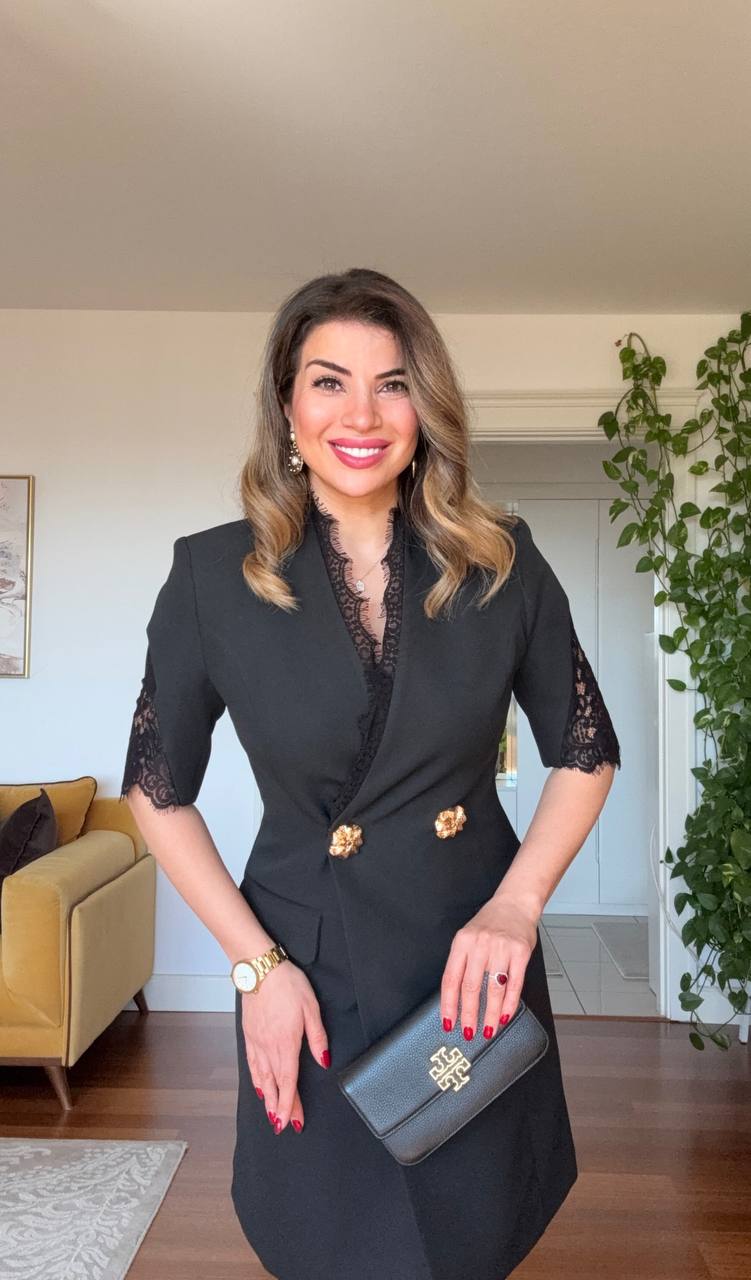 KRUVAZE YAKA DANTEL DETAYLI CEKET ELBİSE - SİYAH