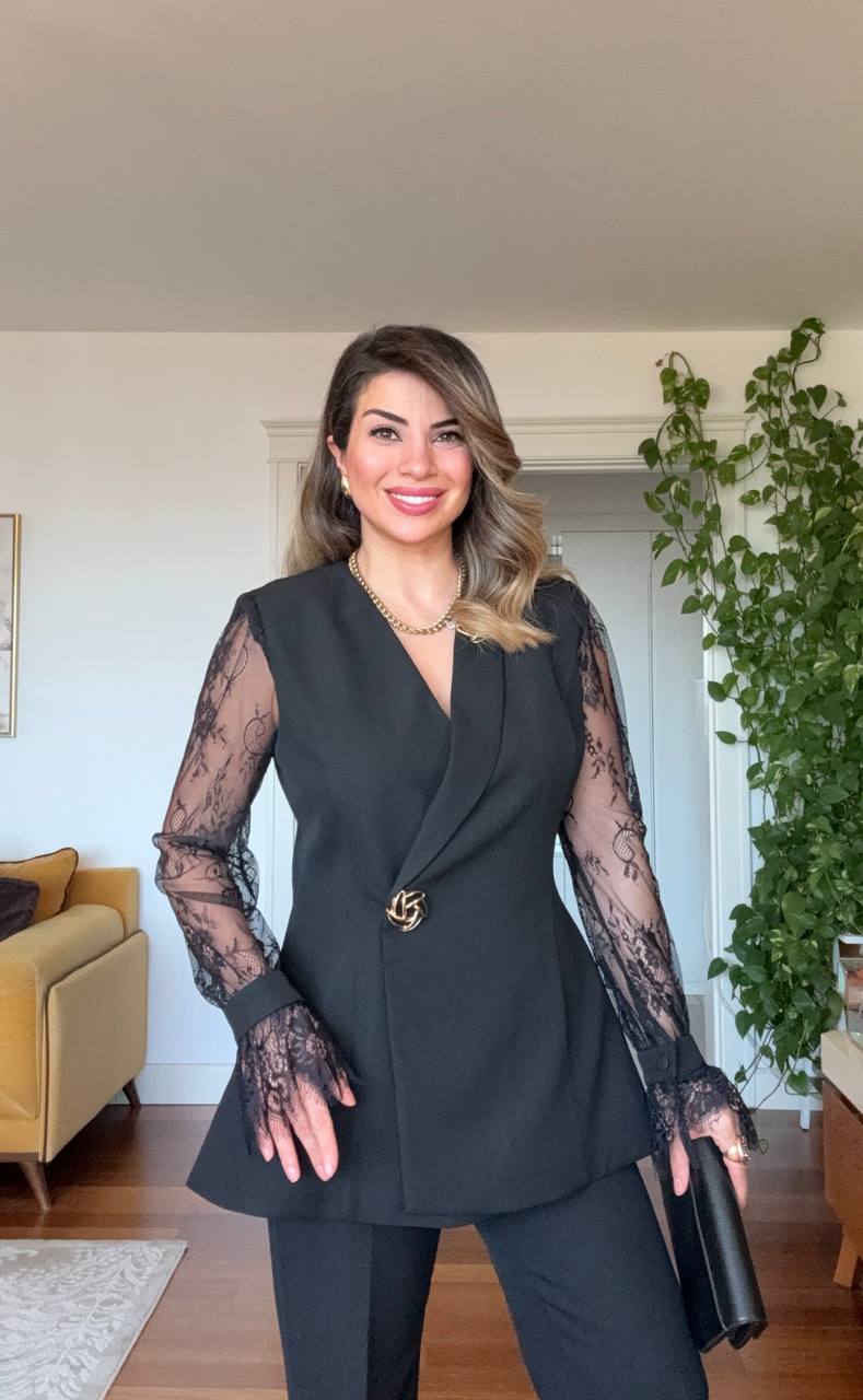 GUPÜR DANTEL DETAYLI KRUVAZE ŞIK TAKIM - SİYAH